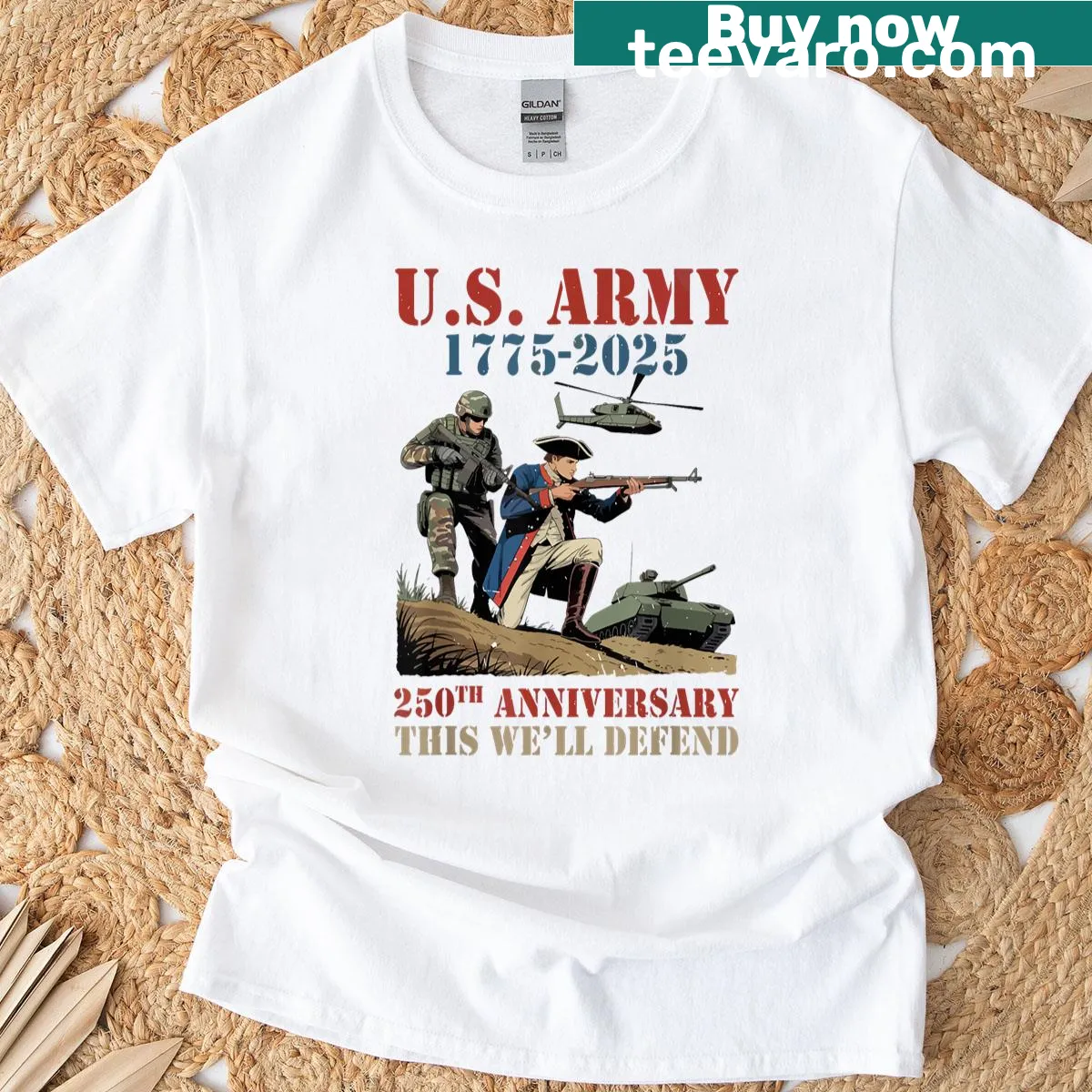 United States Army 250th Anniversary We Defend t-shirt honoring military service — on a men's t-shirt