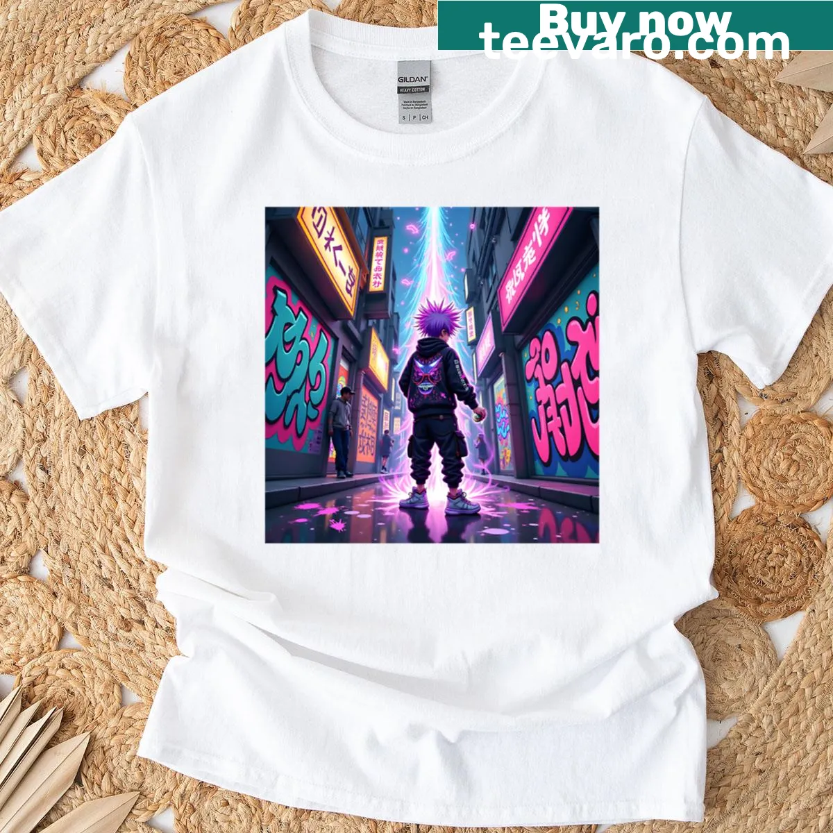 Urban graffiti design on a cyberpunk-themed T-shirt — on a men's t-shirt