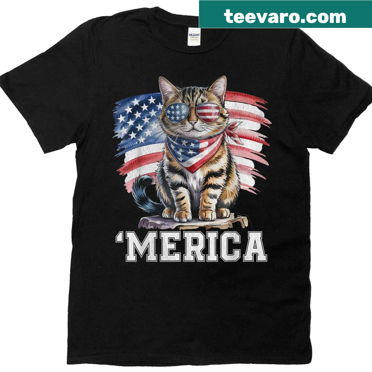 Funny patriotic cat graphic T-shirt for Fourth of July — on a men's t-shirt