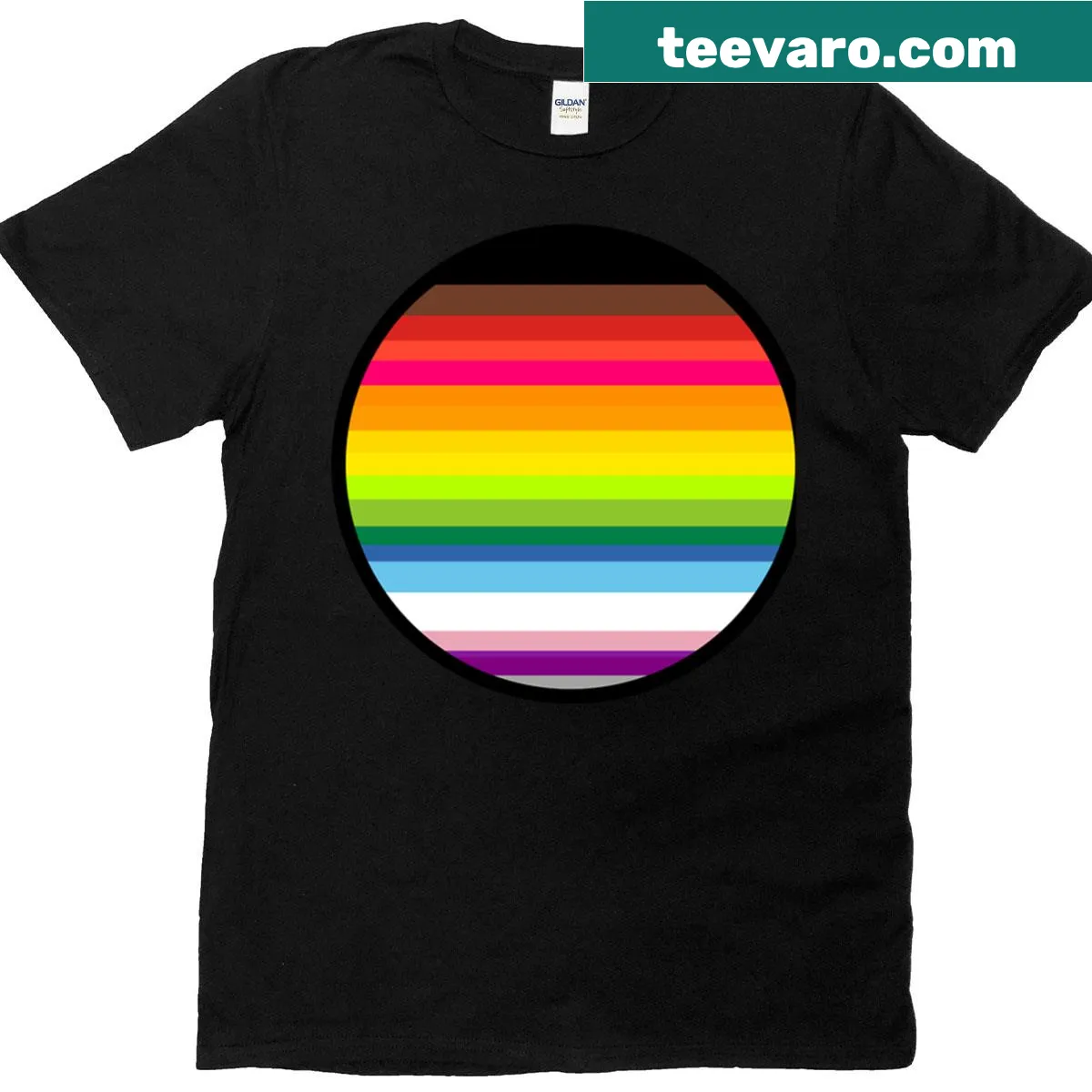 Circular pride stripes graphic T-shirt celebrating love and inclusivity — on a men's t-shirt