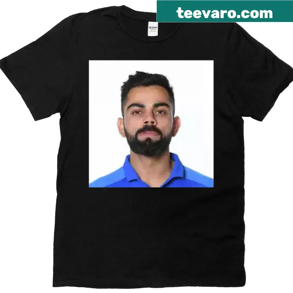 T-shirt featuring an artistic design of Virat Kohli in a cricket background