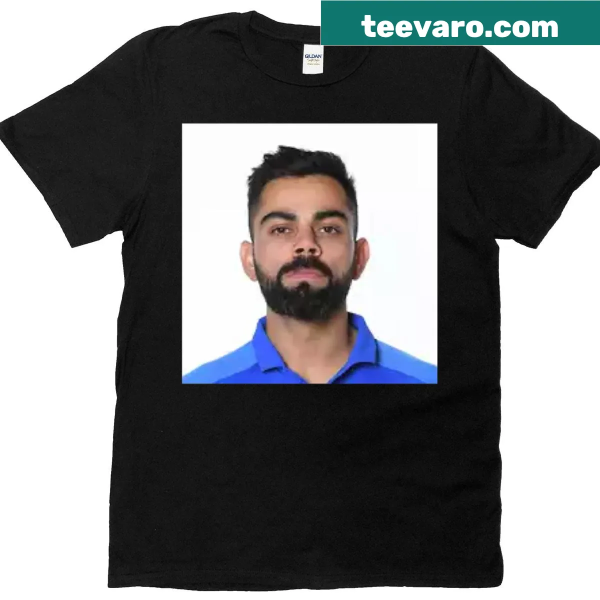 T-shirt featuring an artistic design of Virat Kohli in a cricket background — on a men's t-shirt