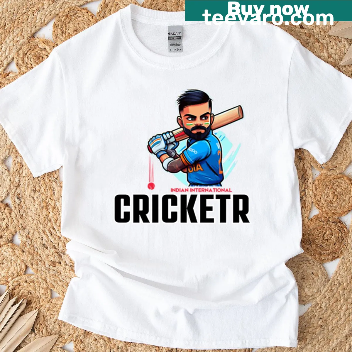 Oversized T-shirt featuring Virat Kohli's silhouette and cricket design — on a men's t-shirt