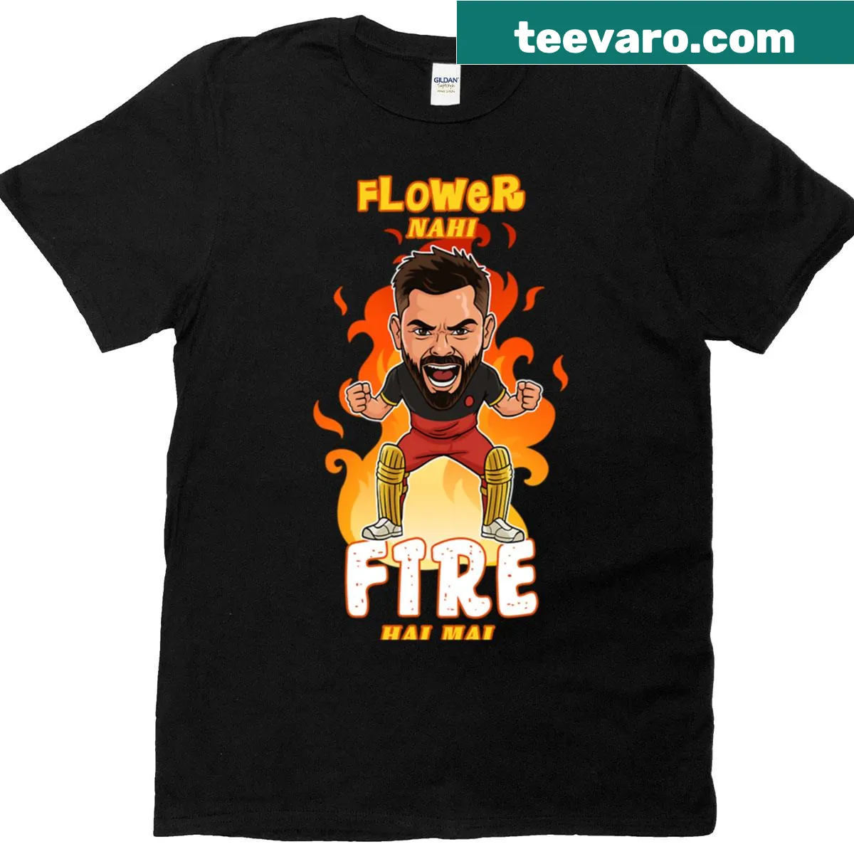 T-shirt with bold text saying 'Vk Flower Nahi Fire Hai Mai' in typography design — on a men's t-shirt