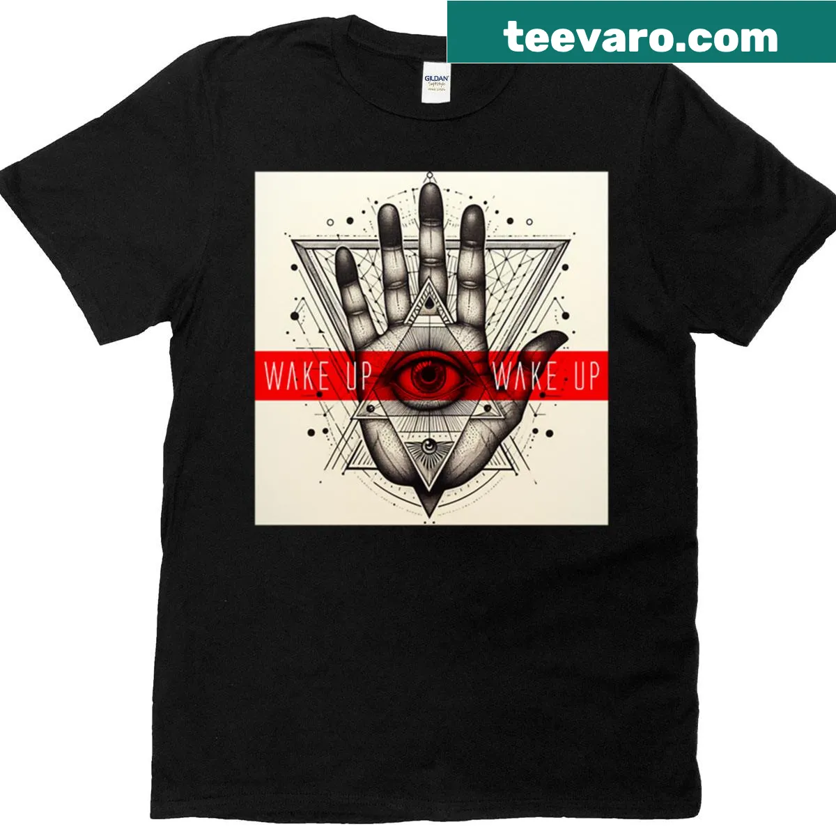 T-shirt with an illustration of a hand signaling a wake-up gesture — on a men's t-shirt