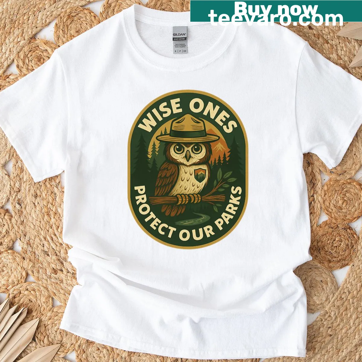 Oversized tee with Wise Owl Protect Our Parks graphic — on a men's t-shirt
