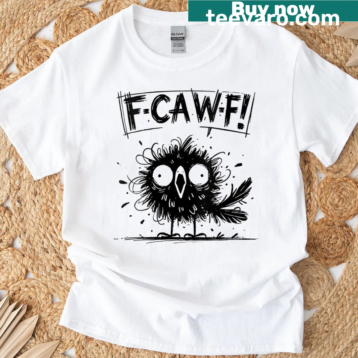Funny women’s T-shirt with a cartoon crow and 'F-caw-f' text — on a men's t-shirt