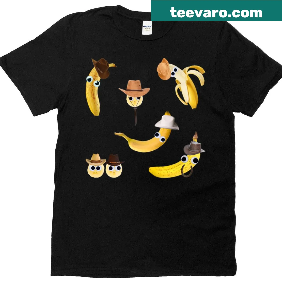 Funny T-shirt featuring googly-eyed bananas dressed as cowboys — on a men's t-shirt