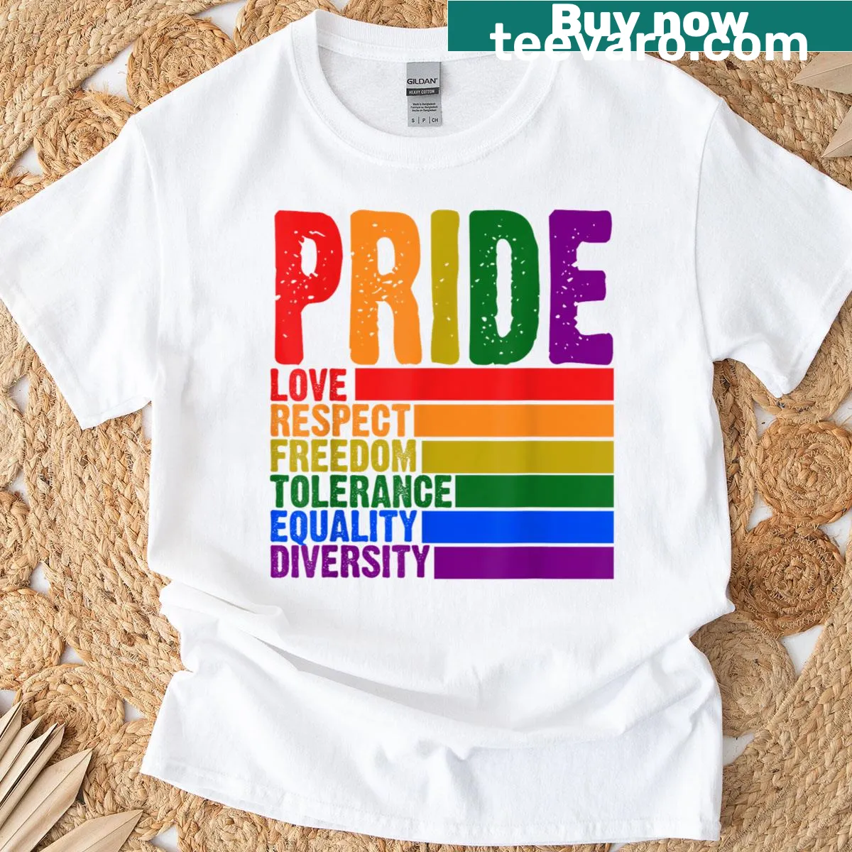 Pride T-shirt celebrating Love, Respect, Freedom with rainbow graphics — on a men's t-shirt