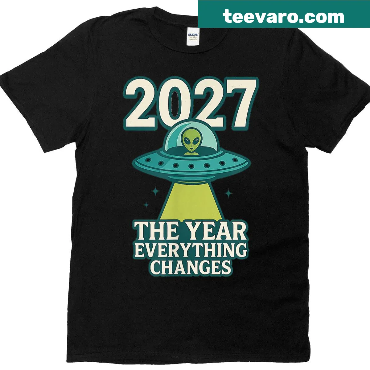 Bold '2027 The Year Everything Changes' alien graphic t-shirt — on a men's t-shirt