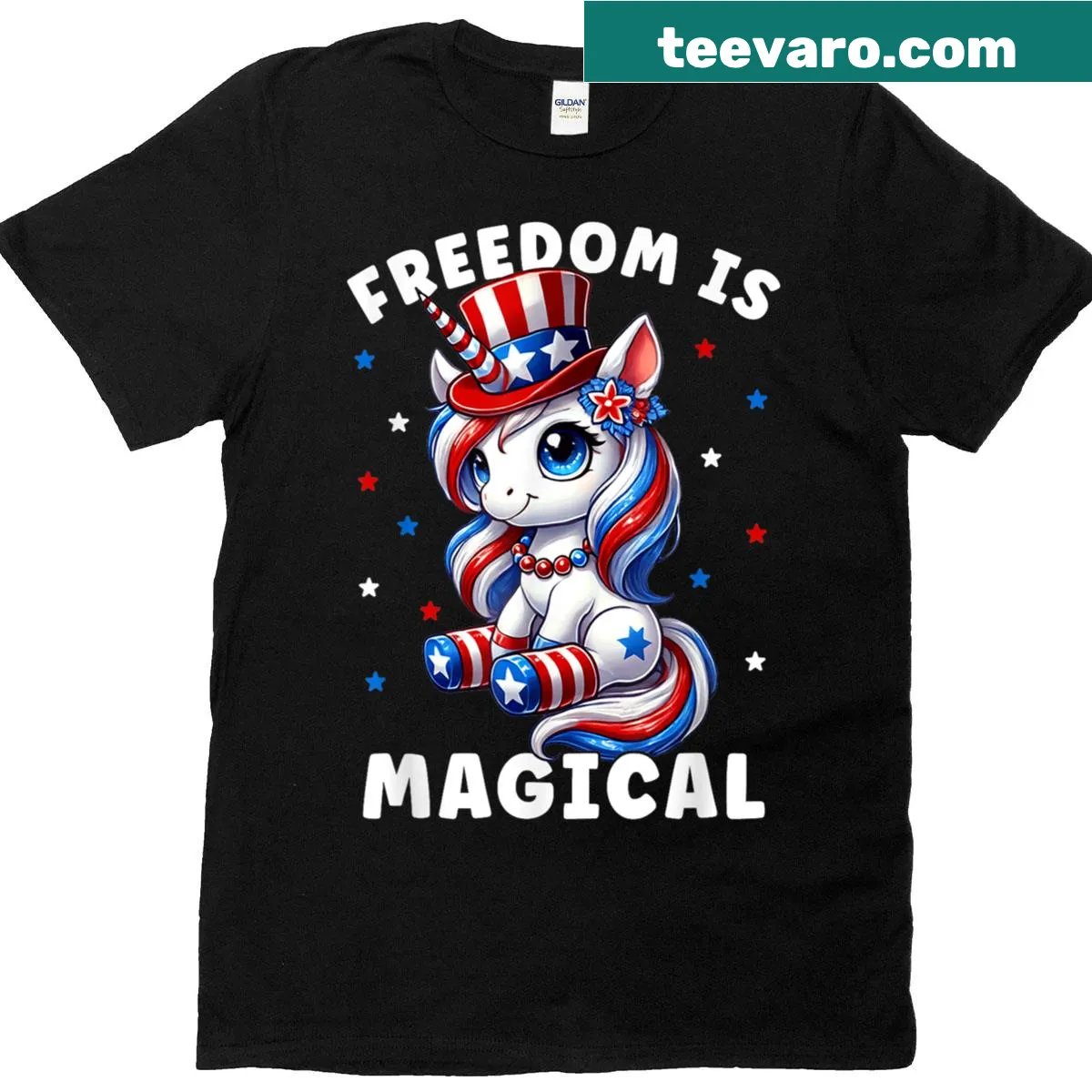 Patriotic unicorn graphic T-shirt for July 4th — on a men's t-shirt
