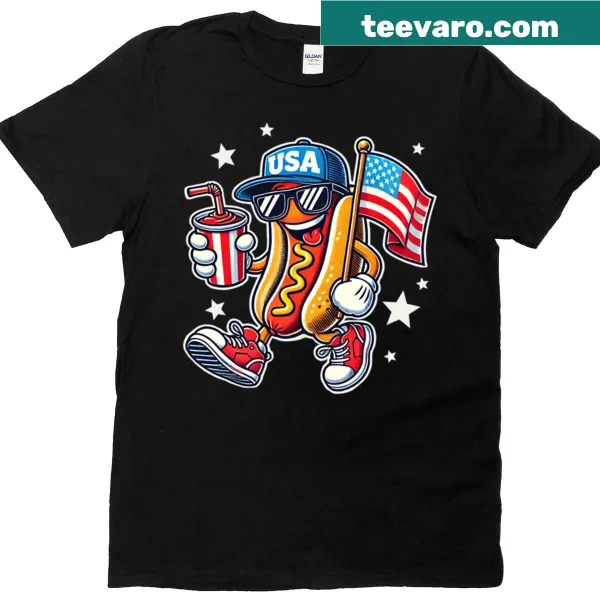 Cartoon hotdog T-shirt with USA flag design for Fourth of July.