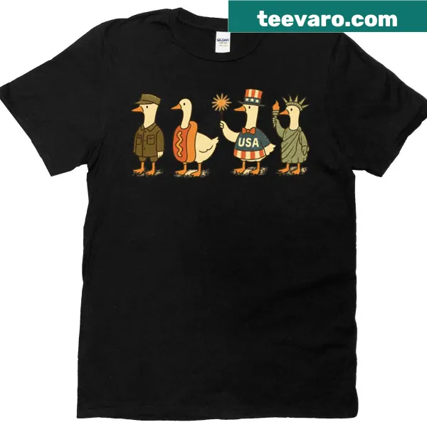 T-shirt featuring a whimsical goose and Fourth of July theme