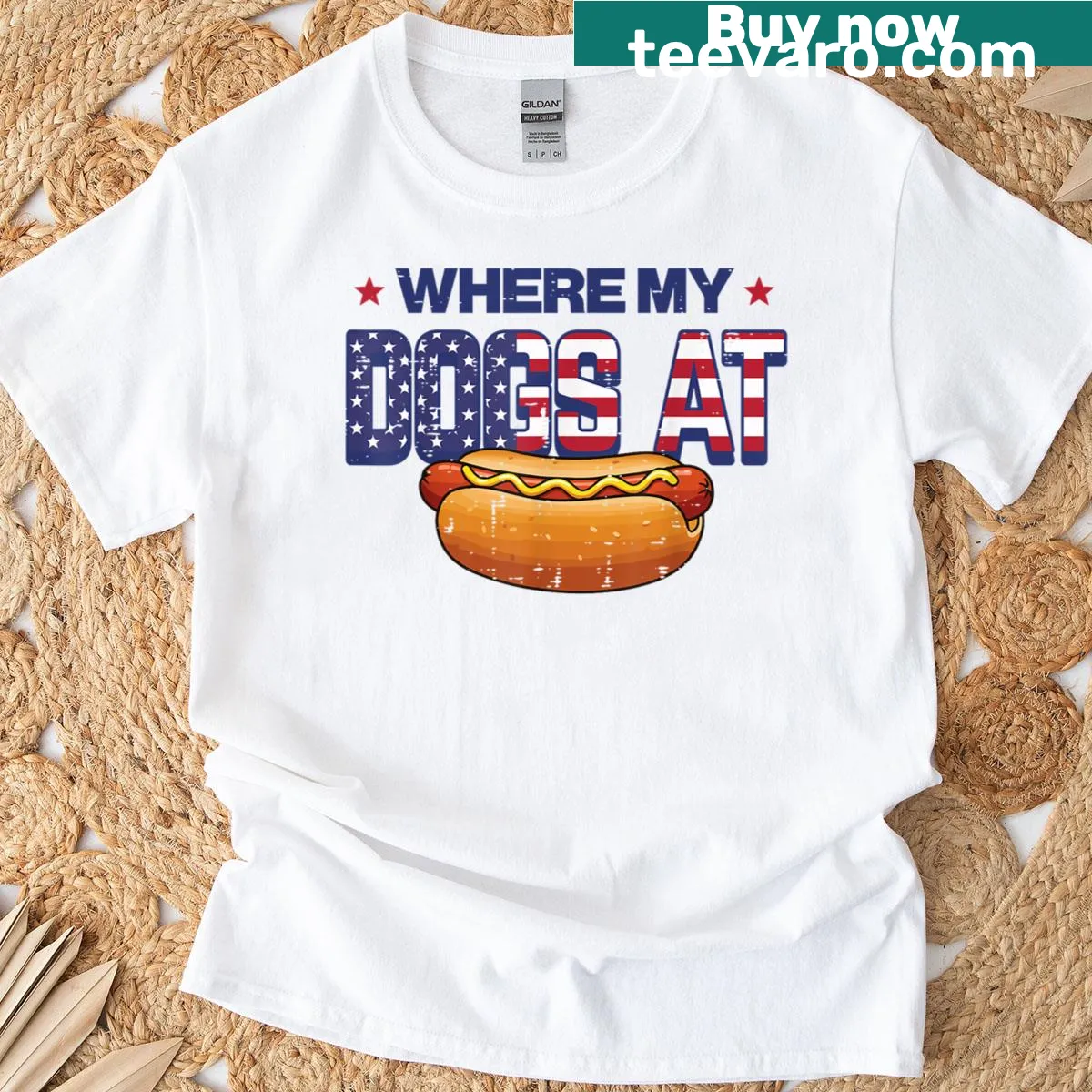 4th of July T-shirt with 'Where My Dogs At' and hotdog graphic — on a men's t-shirt