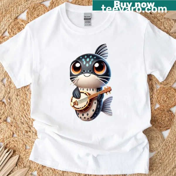 Cute catfish playing banjo on a cartoon t-shirt