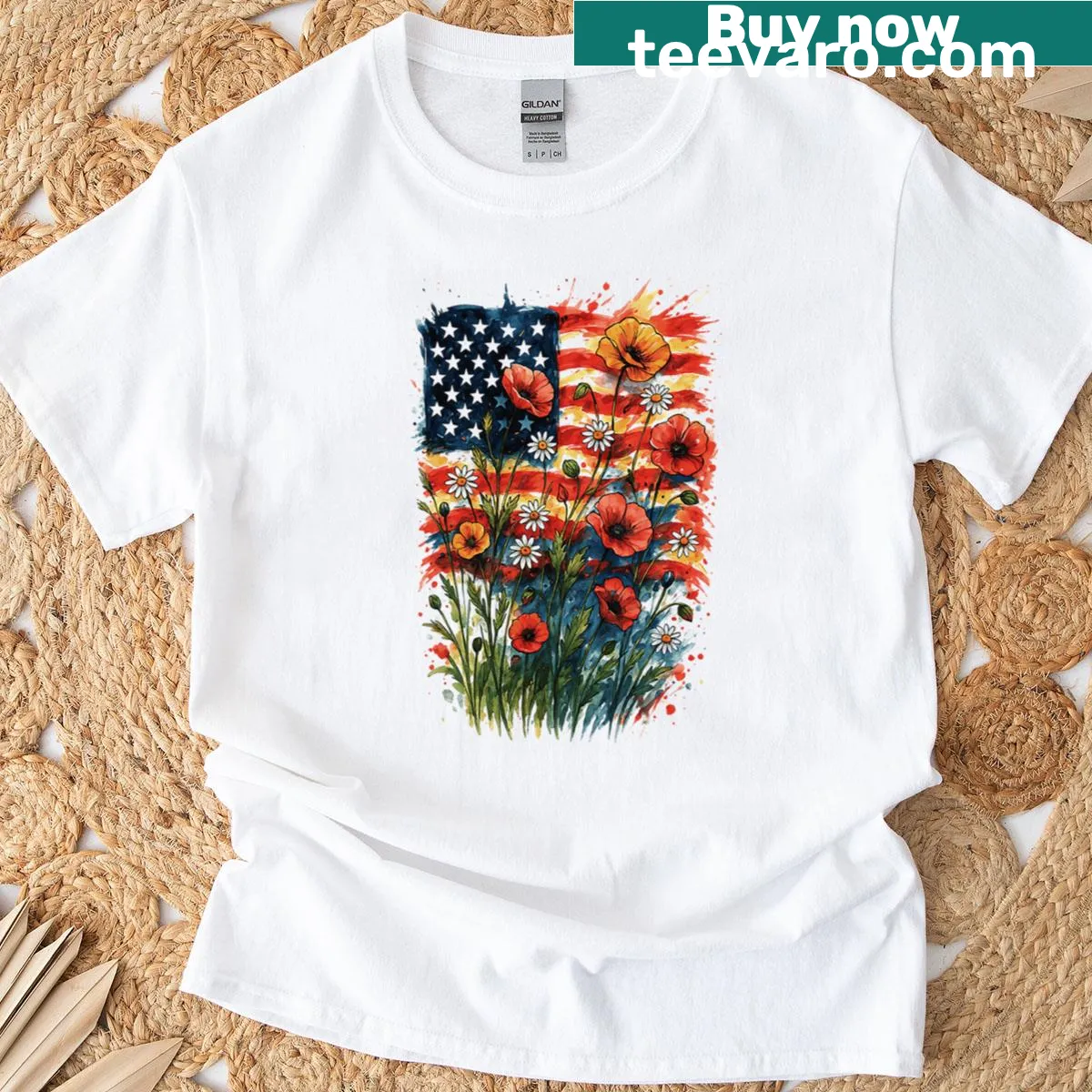 Floral American flag design on a patriotic t-shirt — on a men's t-shirt