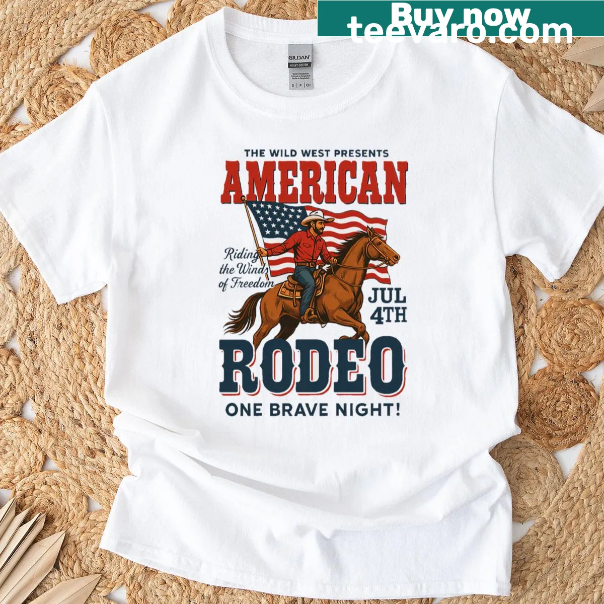 Country-themed t-shirt featuring rodeo illustrations with cowboy imagery. — on a men's t-shirt