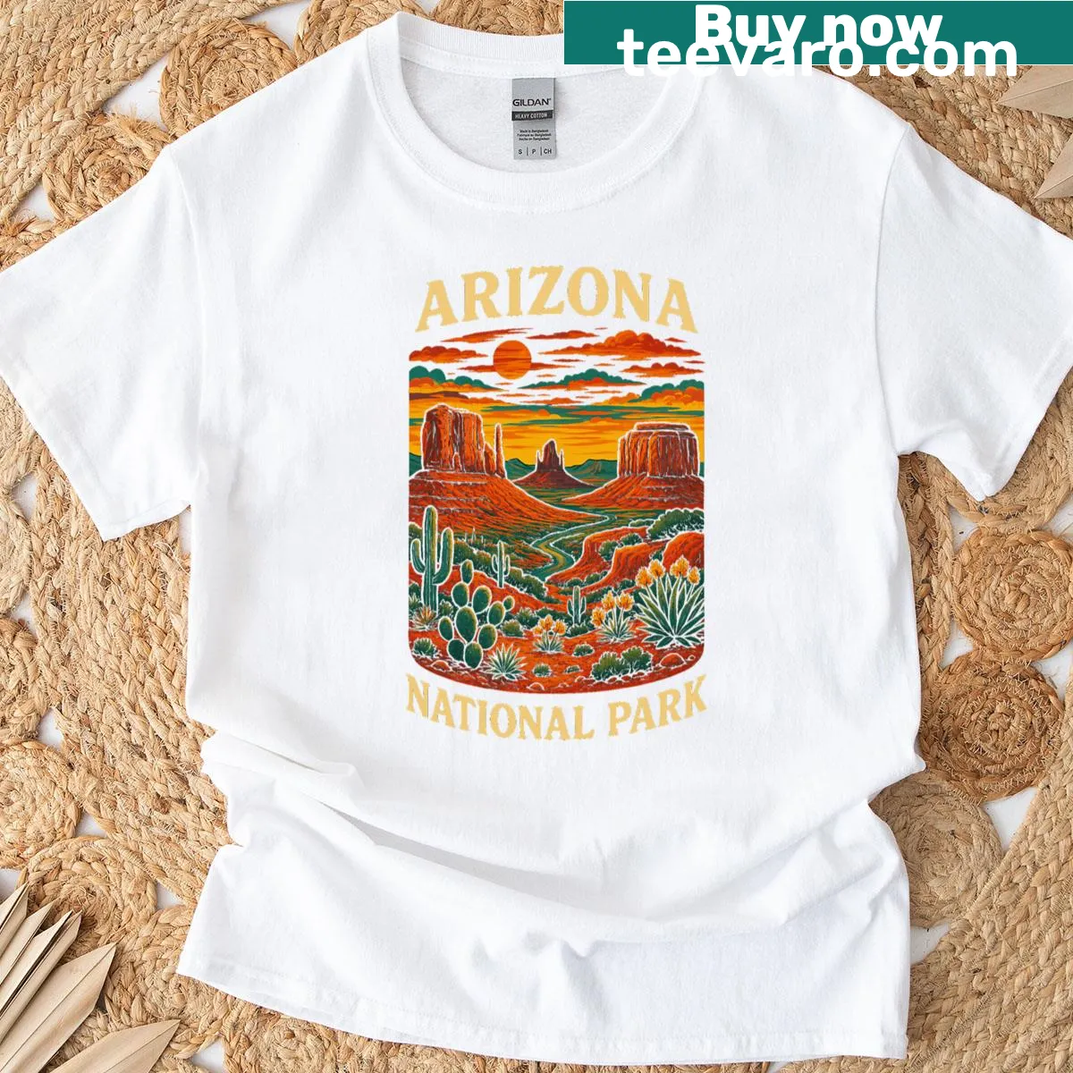 Arizona national park-themed oversized T-shirt with landscape illustration — on a men's t-shirt