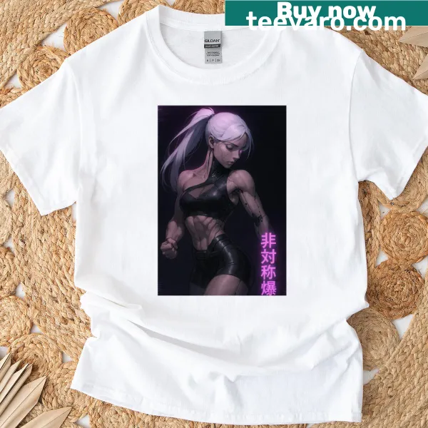 Bold typography on oversized tee featuring cybernetic strength design