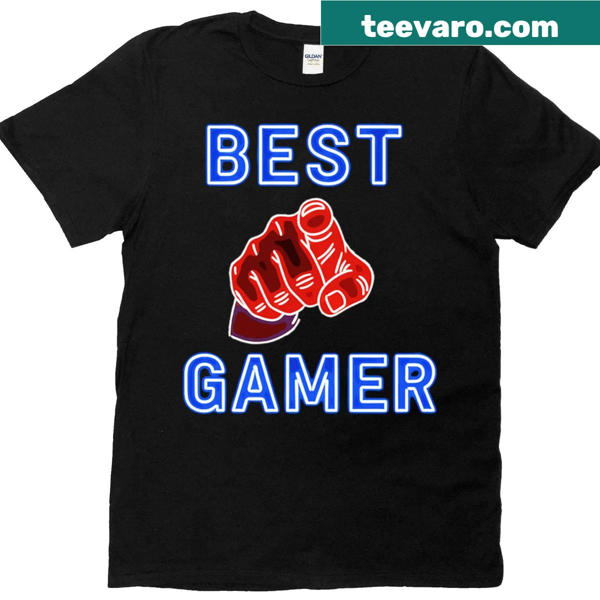 Bold pointing hand design for gamers on a T-shirt — on a men's t-shirt