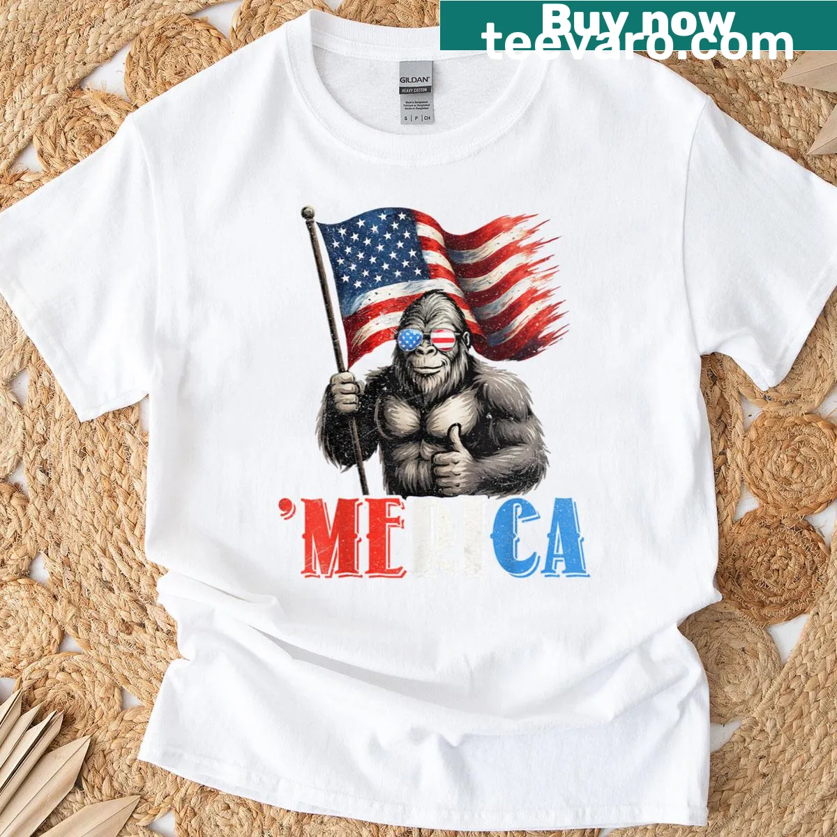 Bigfoot with American flag for 4th of July celebration — on a men's t-shirt