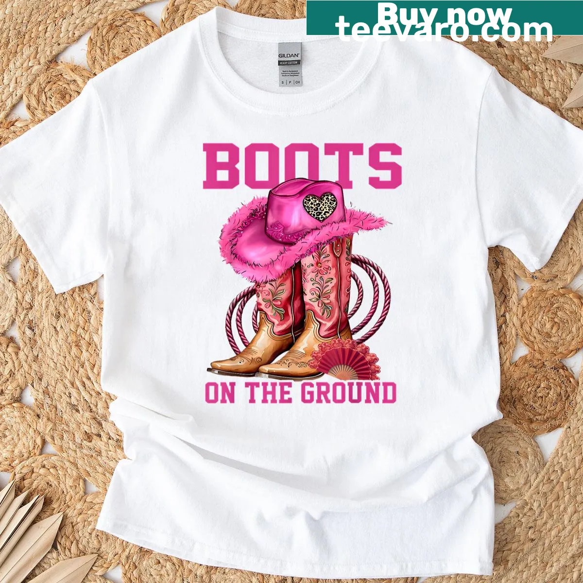 Cowgirl-themed T-shirt with boots graphic for western enthusiasts. — on a men's t-shirt