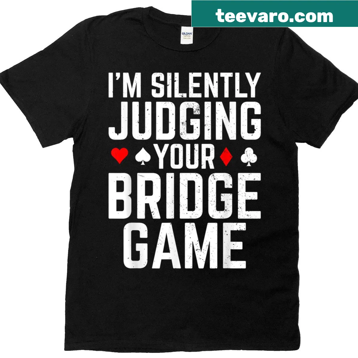 Whimsical bridge-themed t-shirt for card game enthusiasts. — on a men's t-shirt