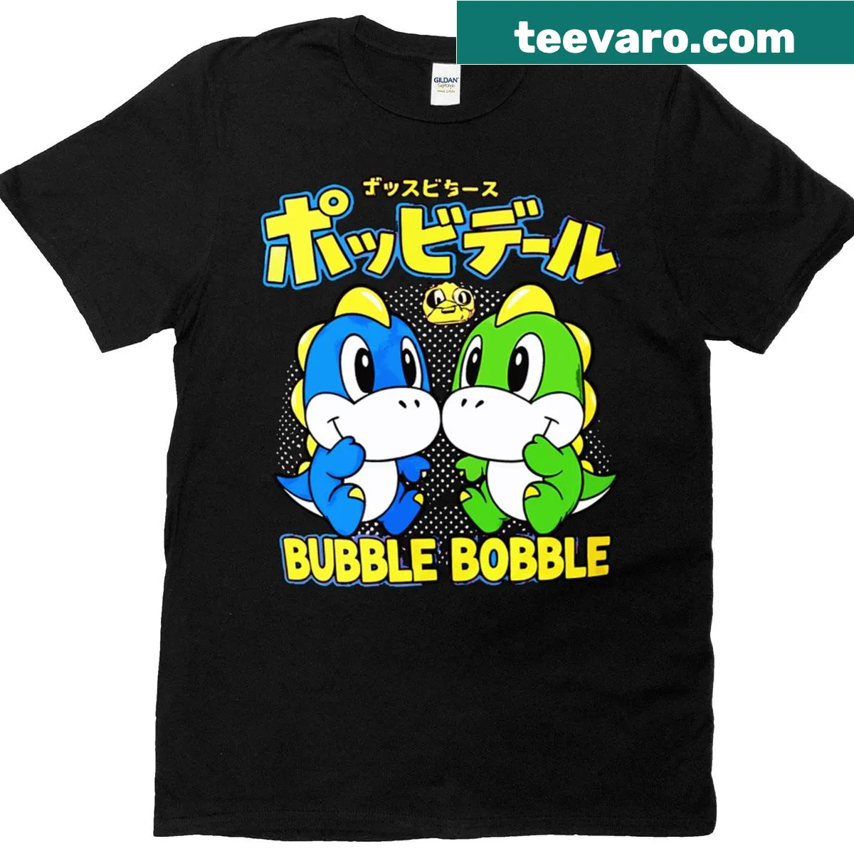 Retro gaming t-shirt featuring cute dinosaurs from Bubble Bobble. — on a men's t-shirt