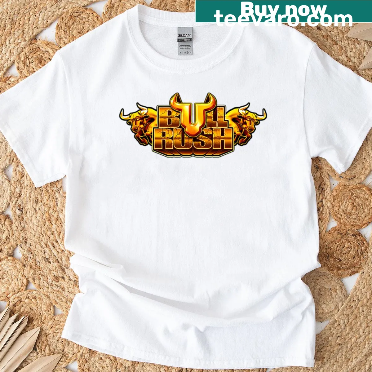 Gambling-themed T-shirt featuring Bull Rush pokies logo — on a men's t-shirt