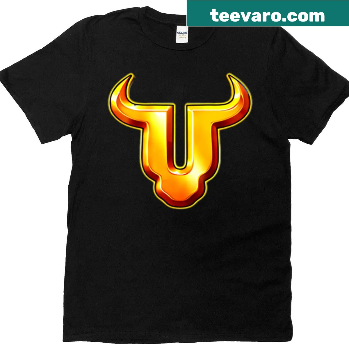 Cartoon-style T-shirt with Bull Rush gambling pokies symbol — on a men's t-shirt