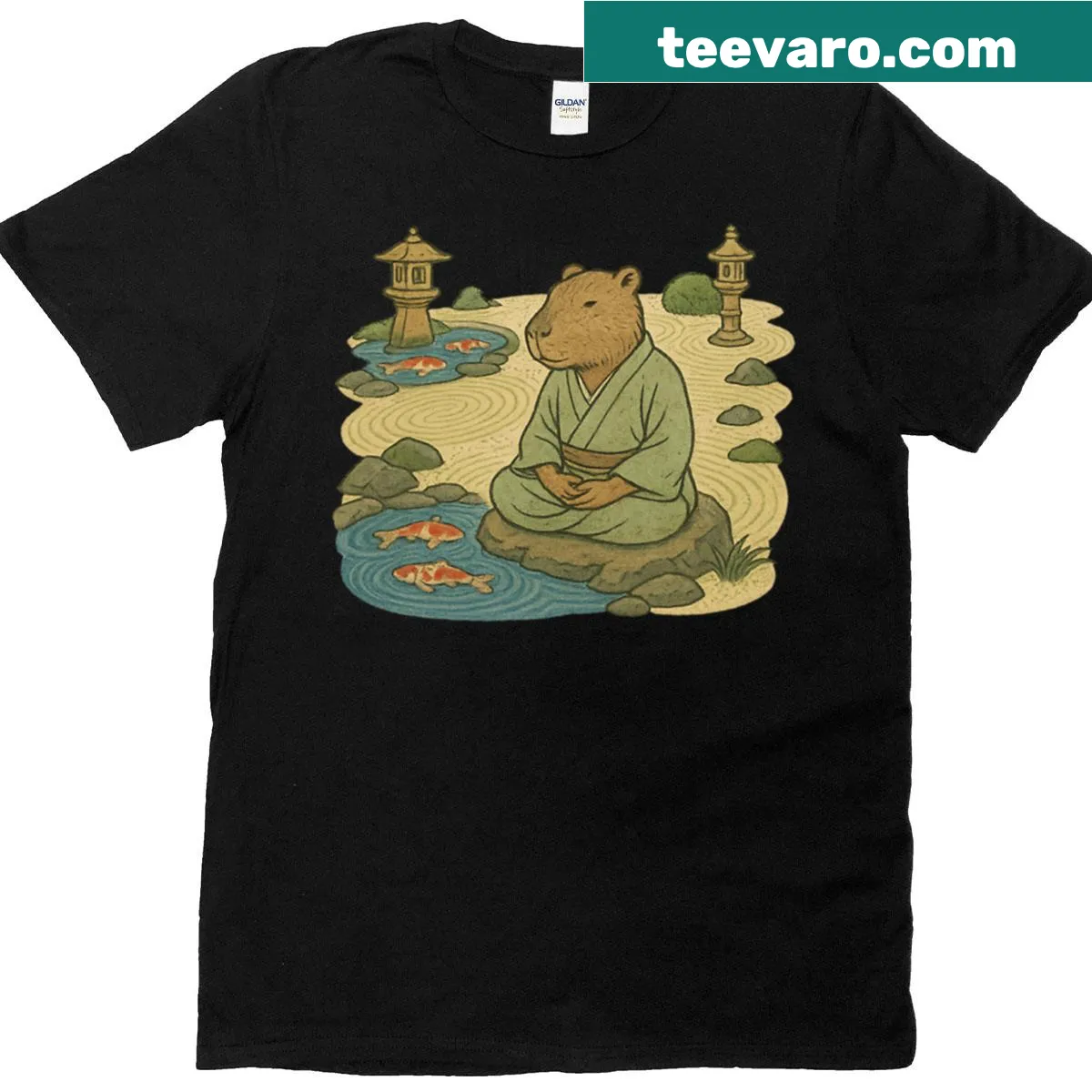 Serene capybara illustration on a zen-themed t-shirt — on a men's t-shirt