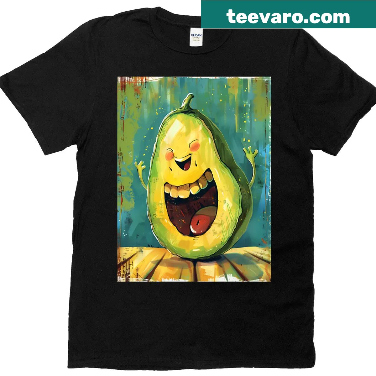 Whimsical smiling avocado illustration on a casual t-shirt — on a men's t-shirt