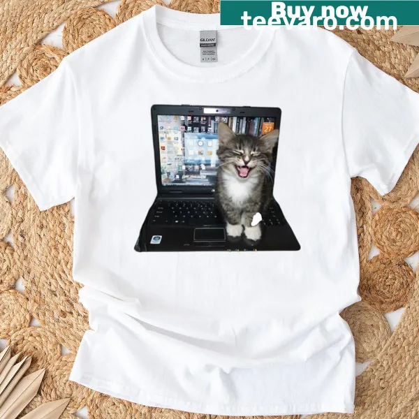 Illustration of a cute kitten with a computer on a T-shirt