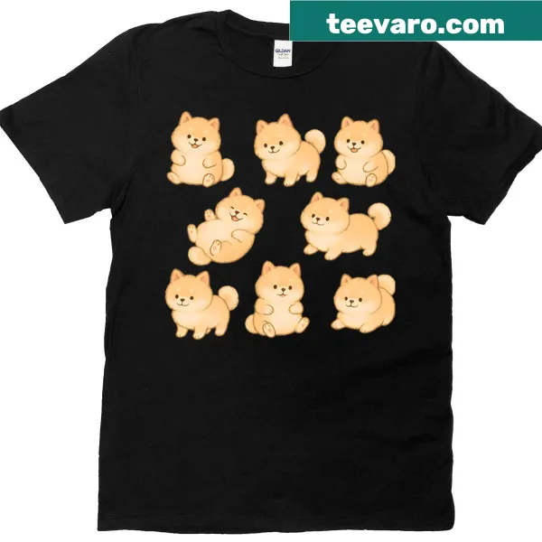 T-shirt with a cute pattern of chubby Pomeranian puppies in a cartoon style.