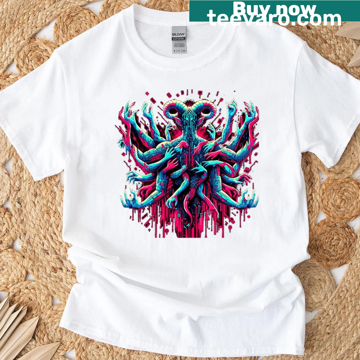 Psychedelic tech art depicting a cybernetic deity on a t-shirt — on a men's t-shirt