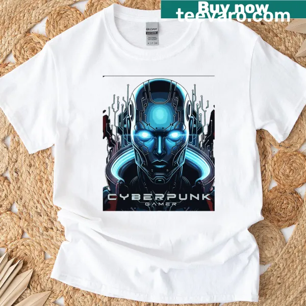 Futuristic cyberpunk-themed graphic on a trendy gamer T-shirt