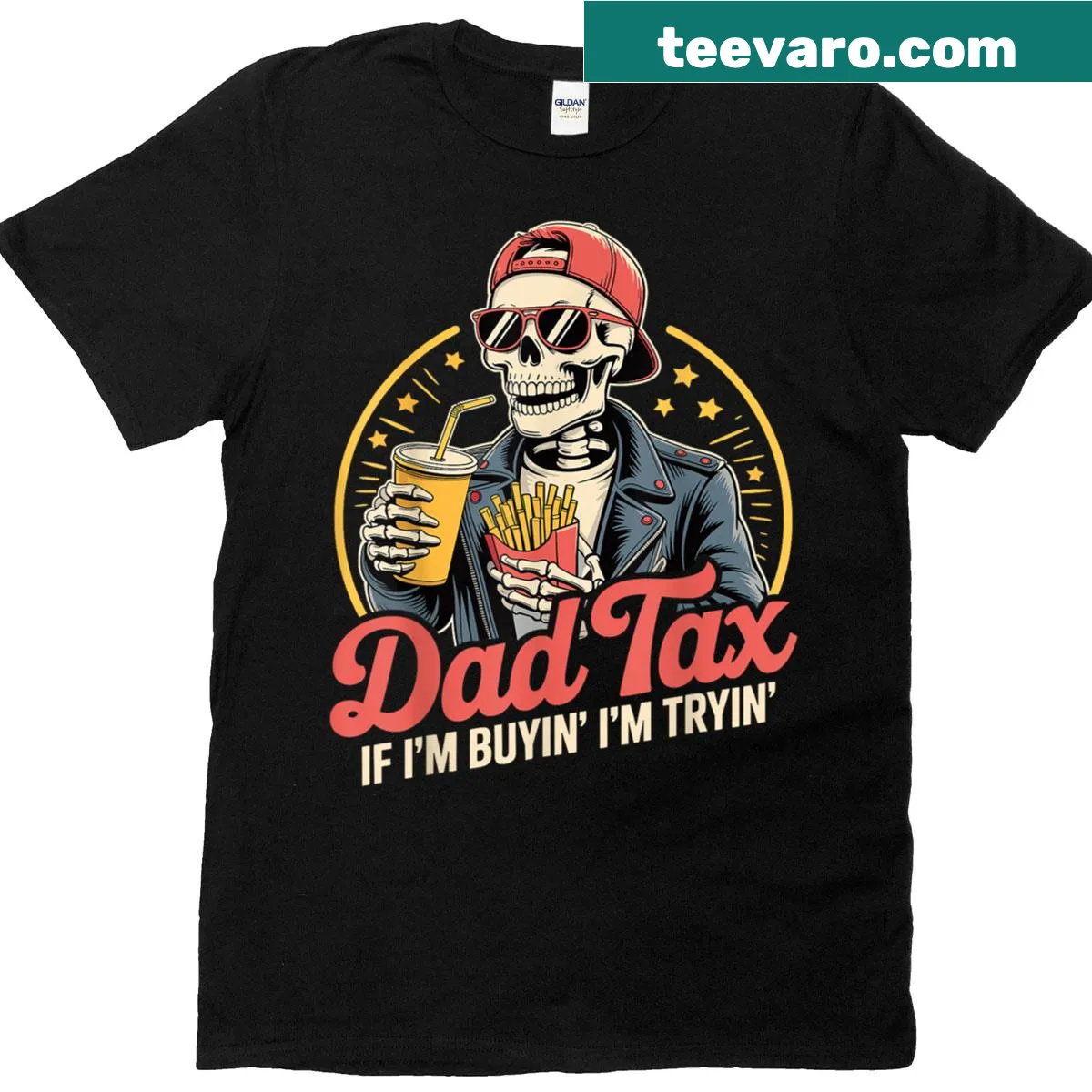 Funny t-shirt about 'Dad Tax' and fatherhood humor. — on a men's t-shirt