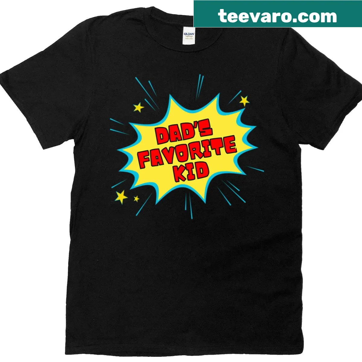 T-shirt proclaiming 'Dad's Favorite Kid' with playful typography. — on a men's t-shirt