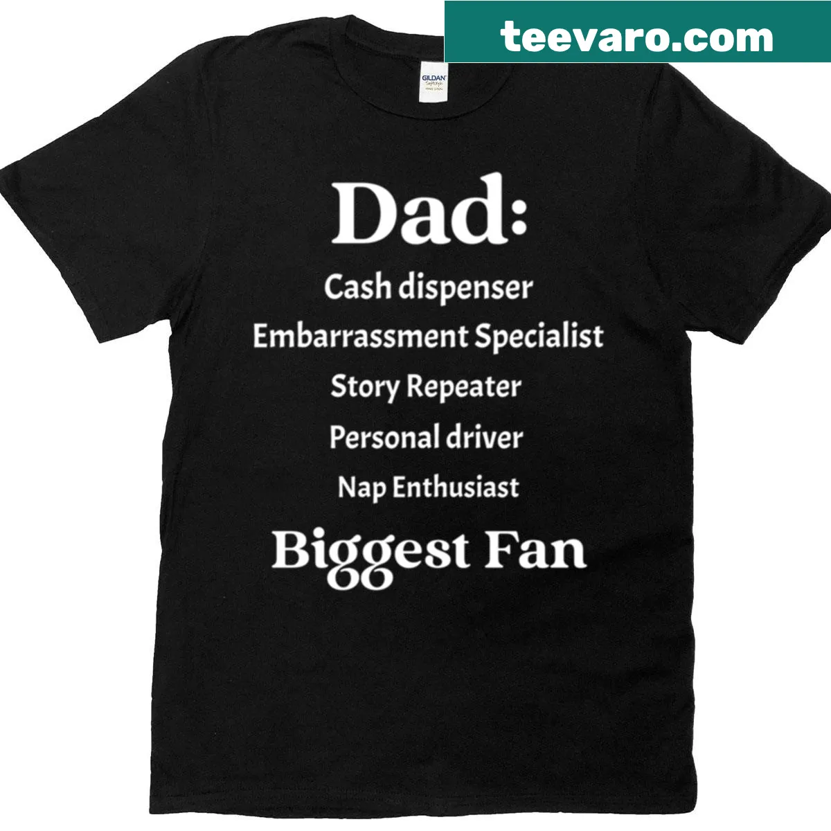 Funny t-shirt listing dads' unofficial job titles with playful typography. — on a men's t-shirt