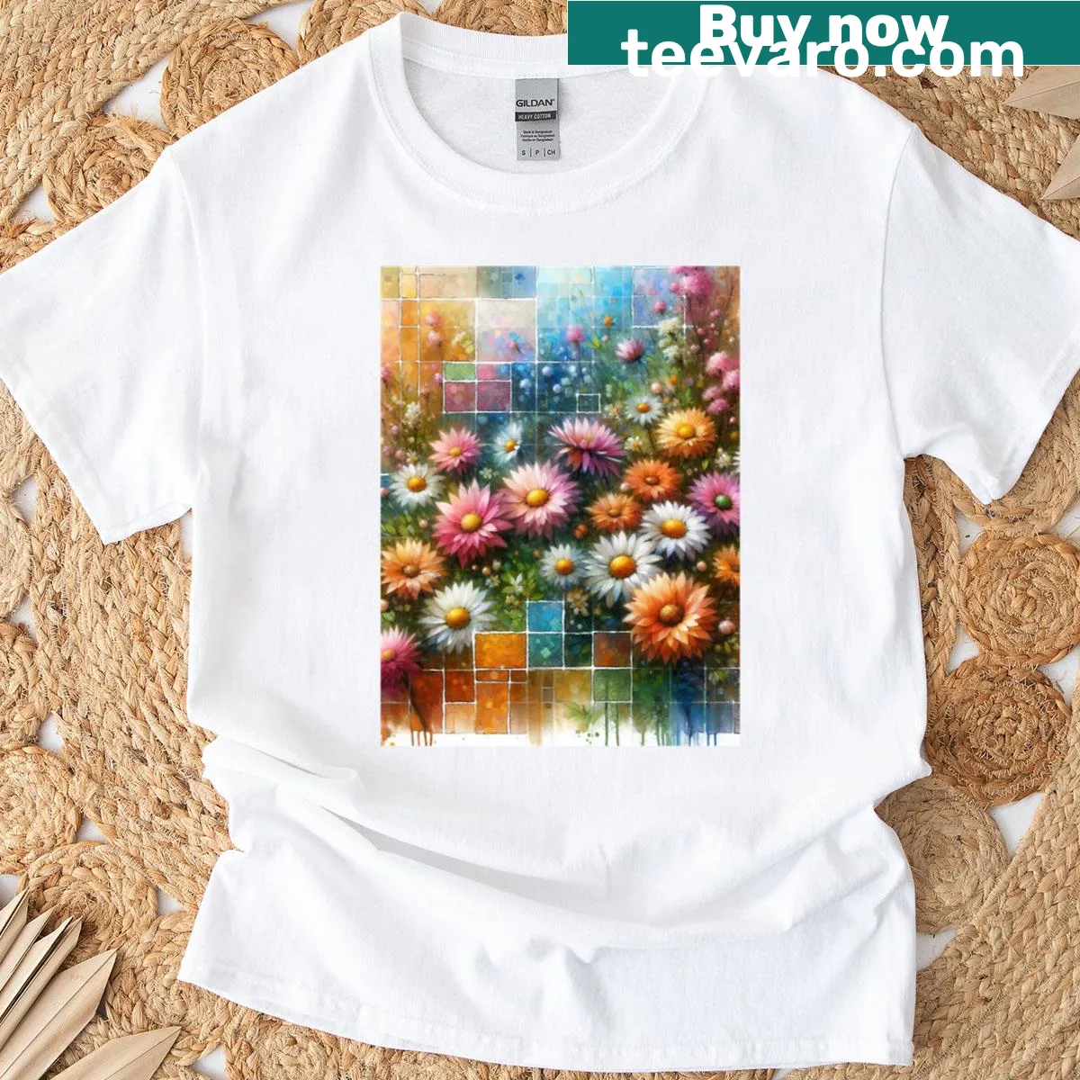 Floral daisy mosaic design on a casual T-shirt — on a men's t-shirt