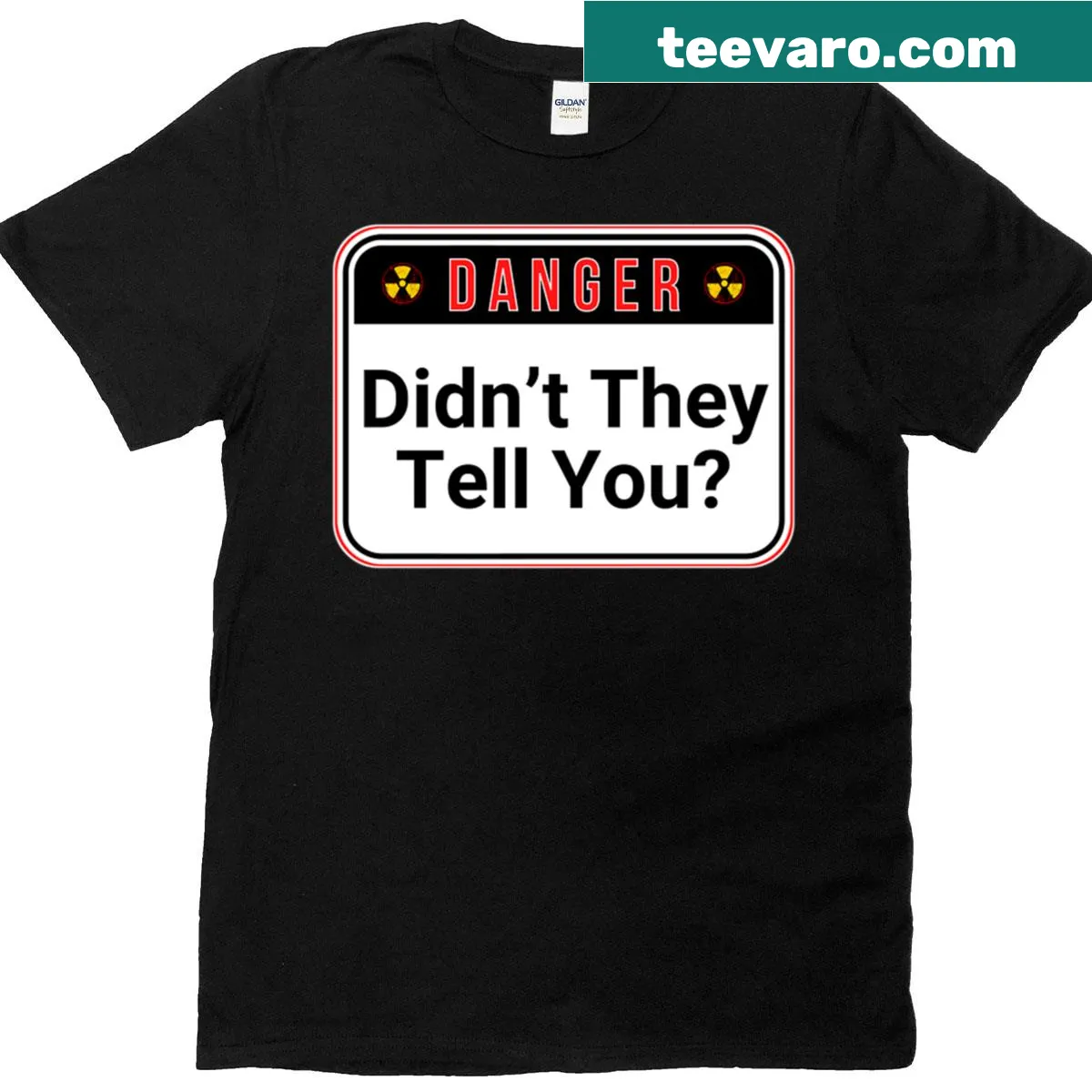 Funny warning sign graphic t-shirt with humorous text — on a men's t-shirt