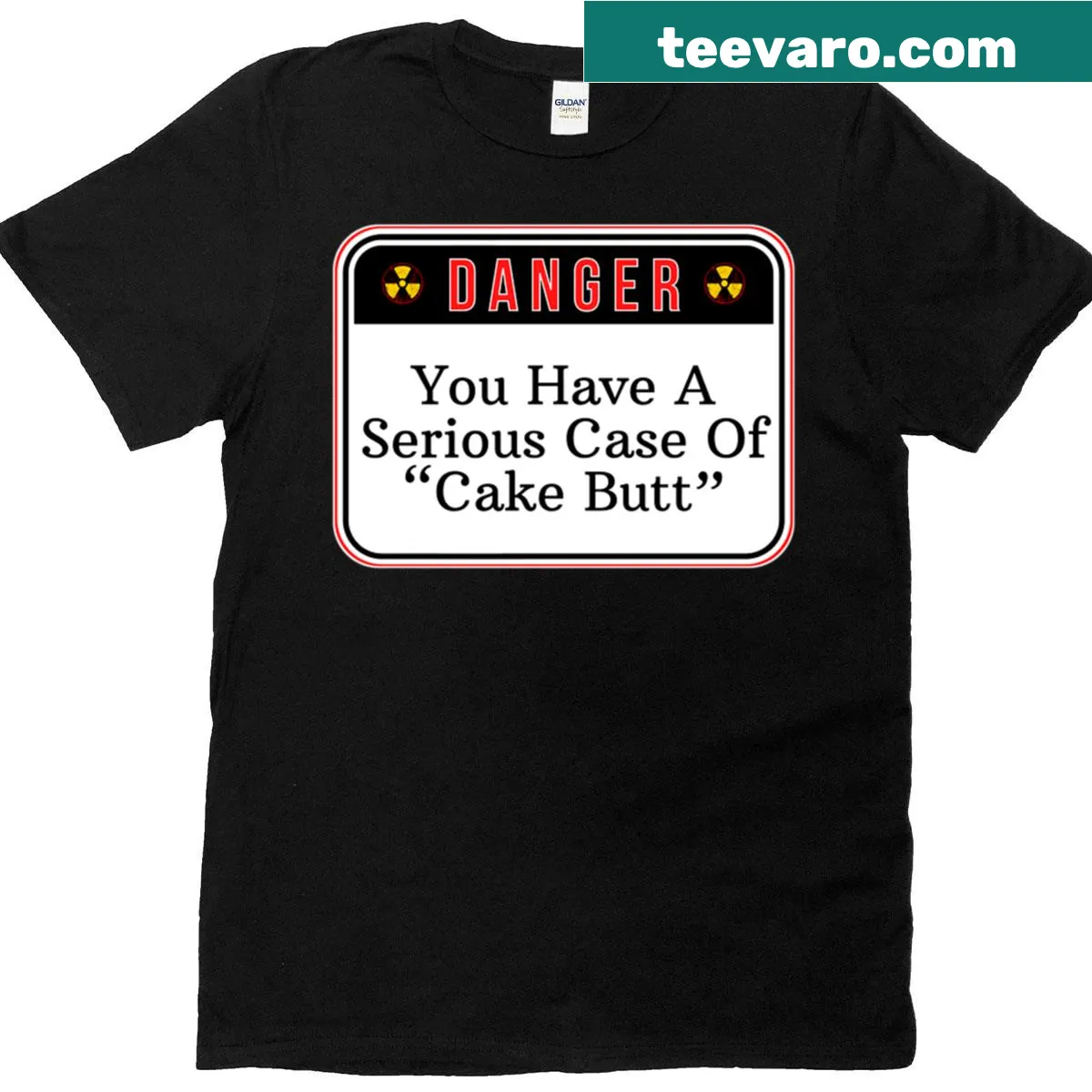 Funny cake-themed warning sign t-shirt with humorous text — on a men's t-shirt