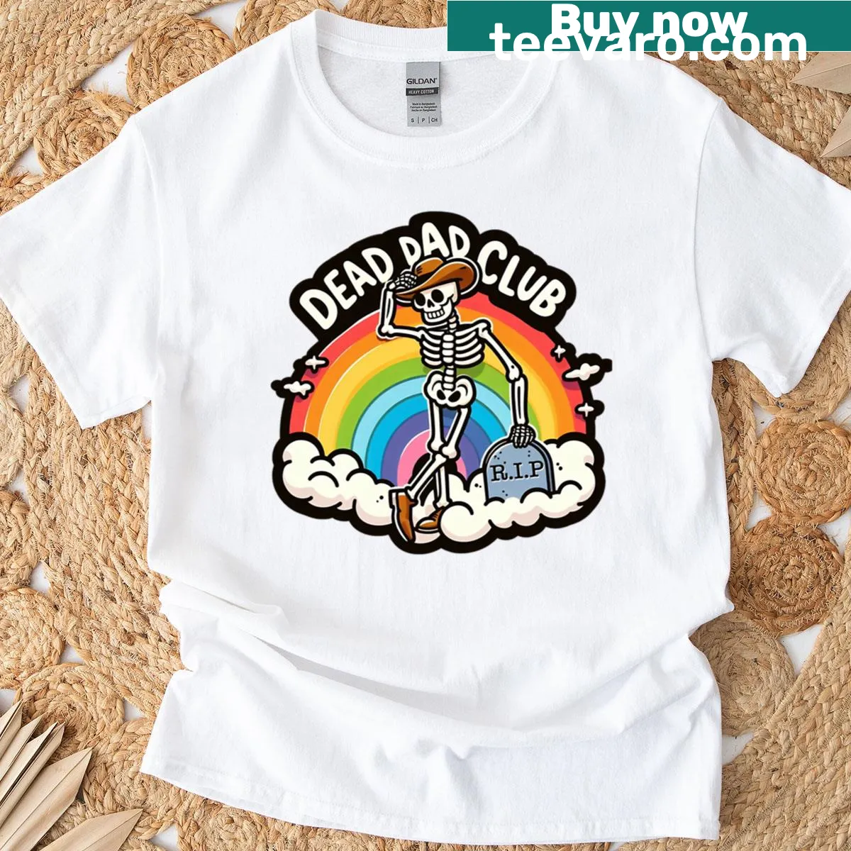 Text graphic reading "Dead Dad Club" on a casual T-shirt — on a men's t-shirt