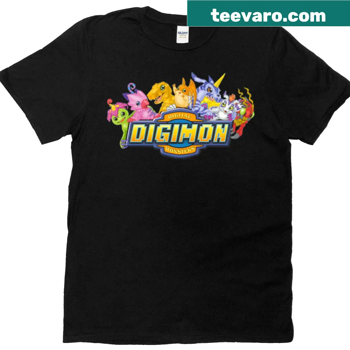 Illustrative T-shirt featuring elements from Digimon Adventure — on a men's t-shirt