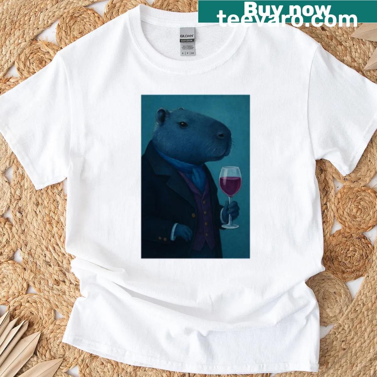 Illustration of a capybara enjoying wine on a t-shirt — on a men's t-shirt