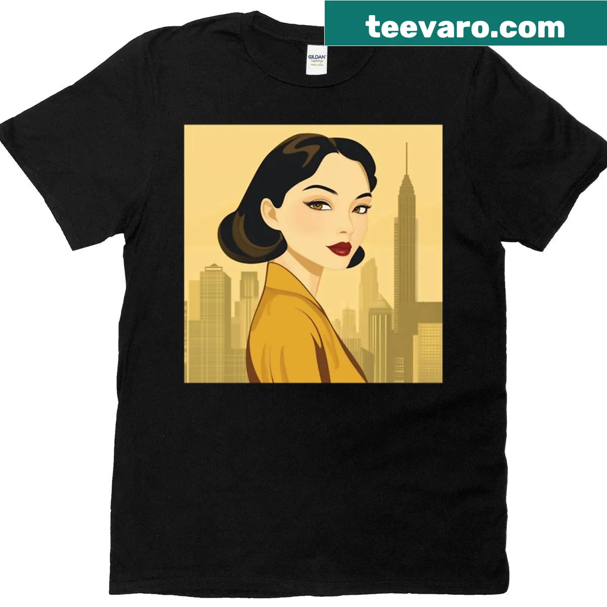 Stylish vector portrait t-shirt of an Asian woman in retro city style. — on a men's t-shirt