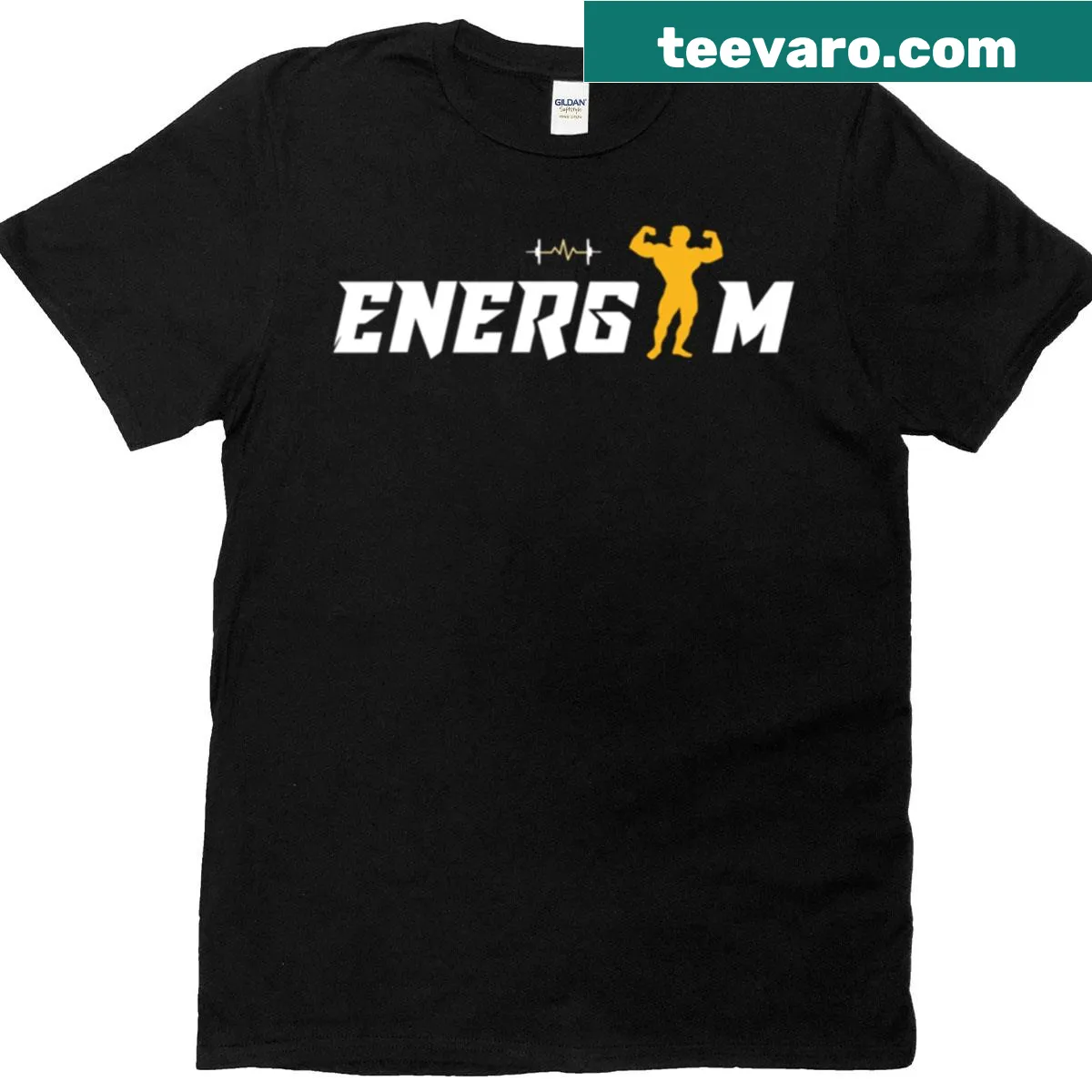 Bold fitness-themed t-shirt with Energym Mercalco typography. — on a men's t-shirt