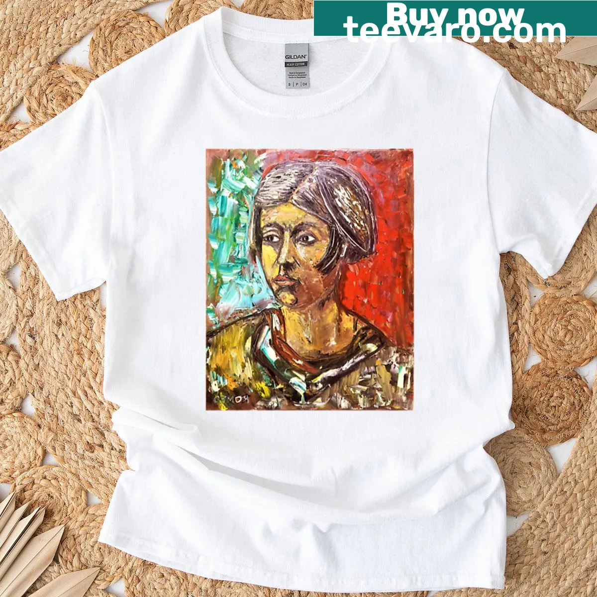 T-shirt showcasing an abstract design of a girl inspired by oil painting — on a men's t-shirt