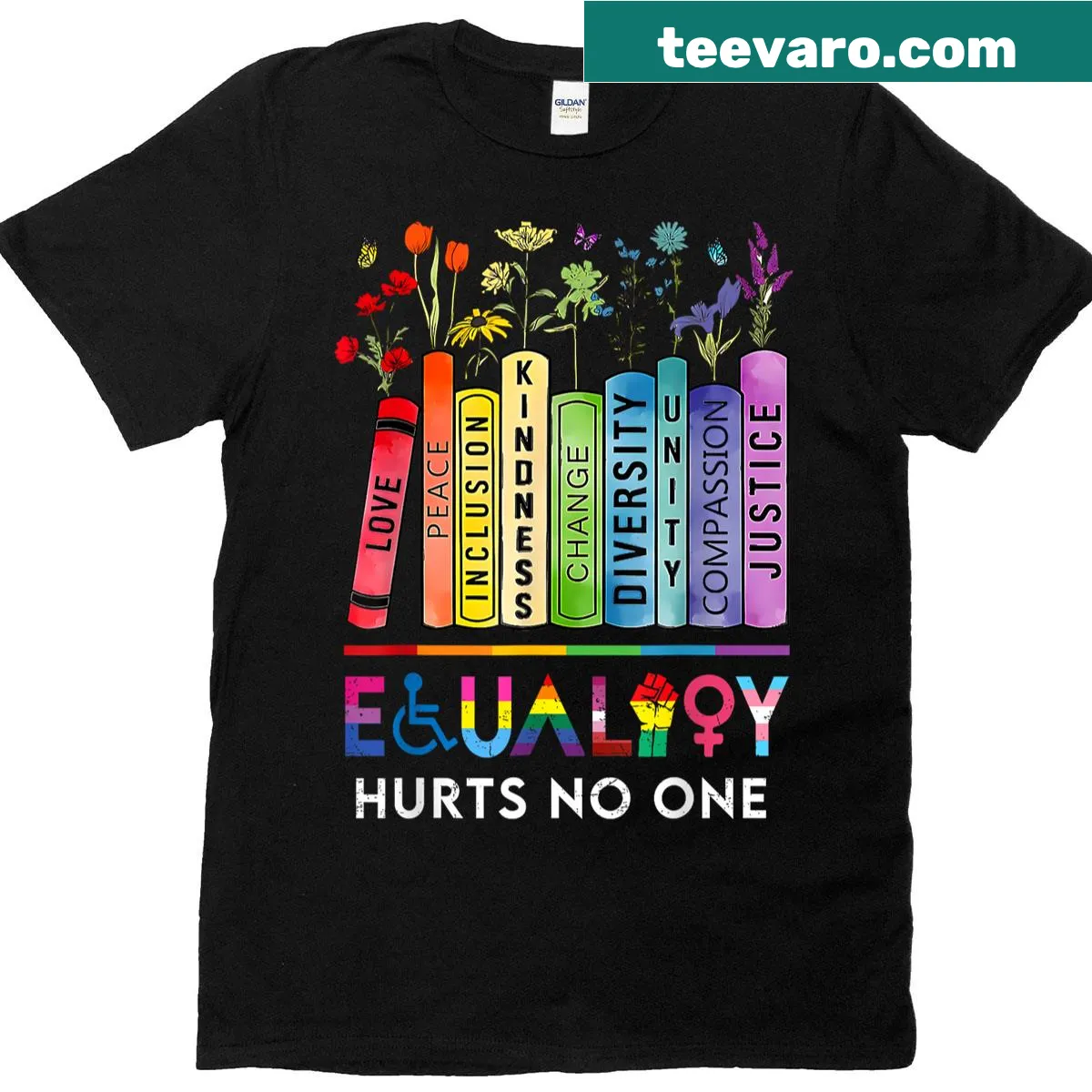 Rainbow and flower graphic with text promoting equality for all — on a men's t-shirt