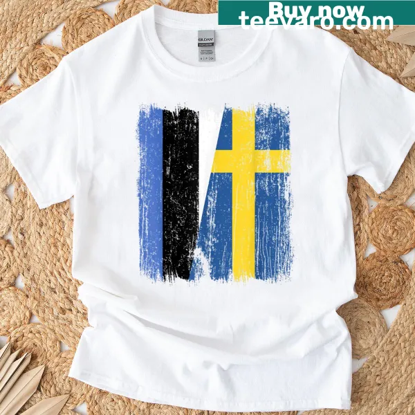 T-shirt featuring a design of half Estonia and half Sweden flag
